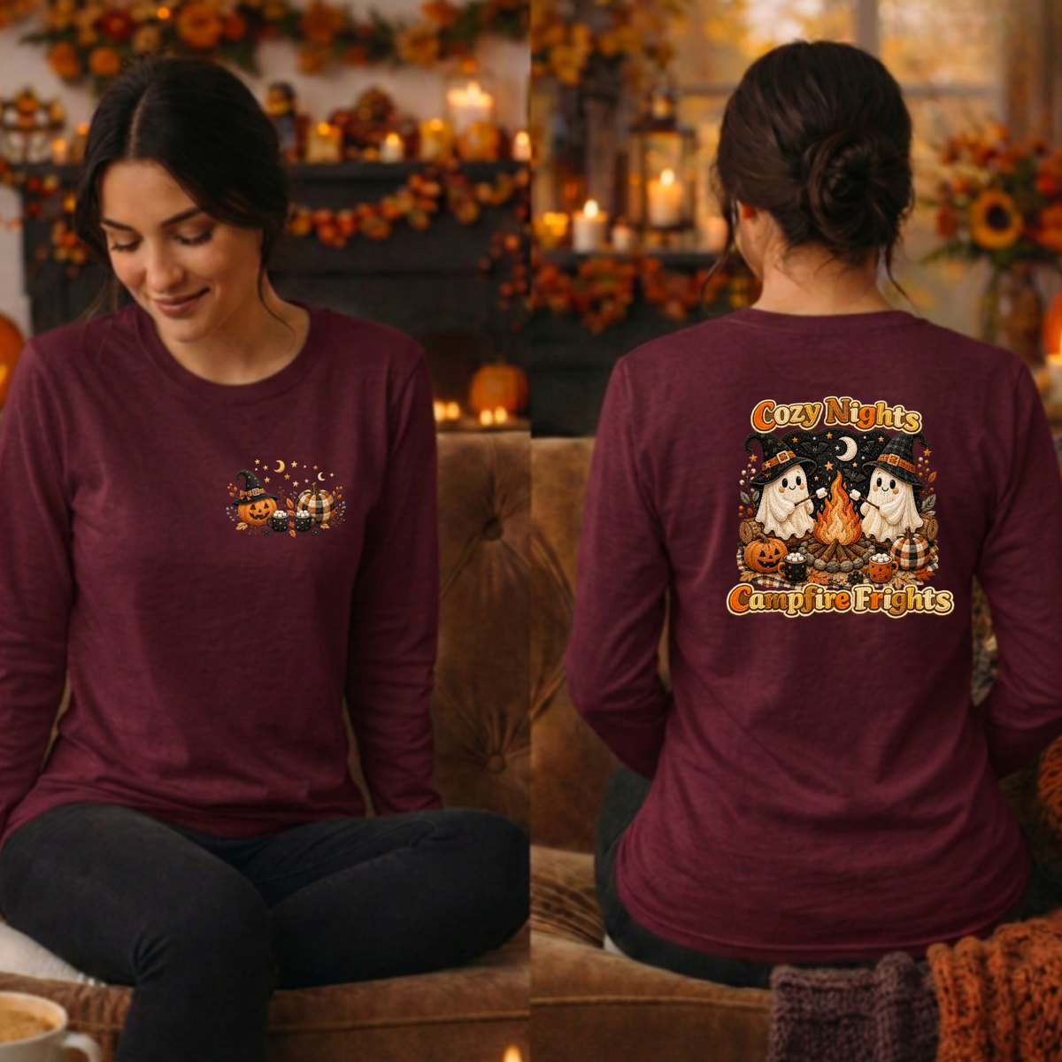 Cozy Nights Halloween Long Sleeve Tee — Pocket & Back TheCraftNook