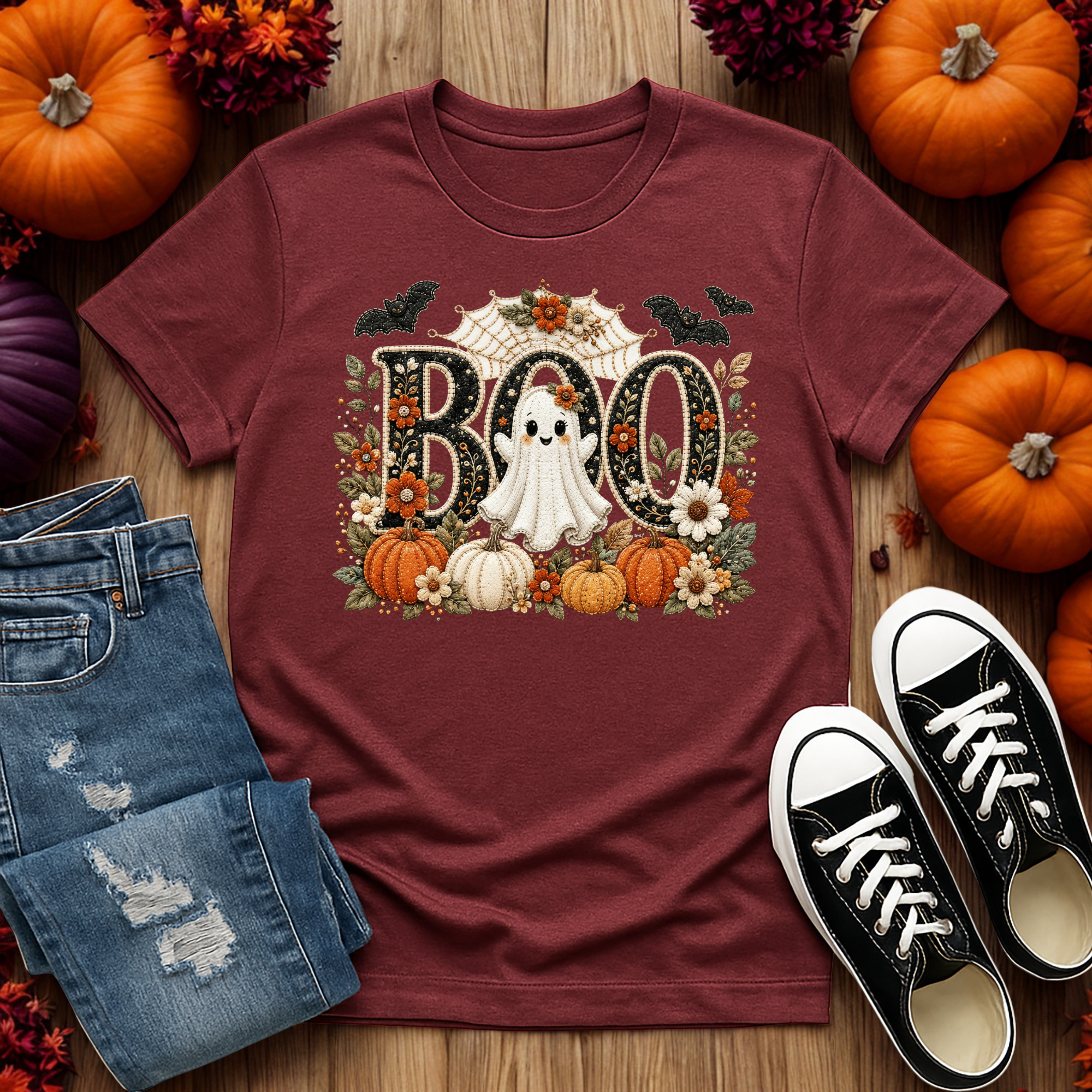 A maroon short-sleeve graphic T-shirt laid flat on a wooden surface, surrounded by Halloween props including pumpkins, flowers, jeans, and black-and-white sneakers. The shirt graphic reads “BOO” with a white ghost, bats, spiderweb, and autumn leaves.
