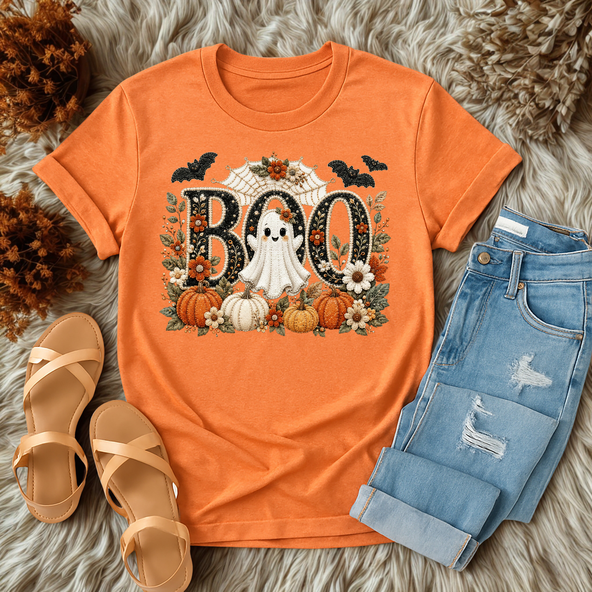 An orange short-sleeve graphic T-shirt laid flat on a shaggy faux-fur surface, styled with light blue jeans, tan sandals, and dried foliage. The shirt graphic reads BOO in large black letters with a white ghost, pumpkins, flowers, bats, and autumn leaves around it.