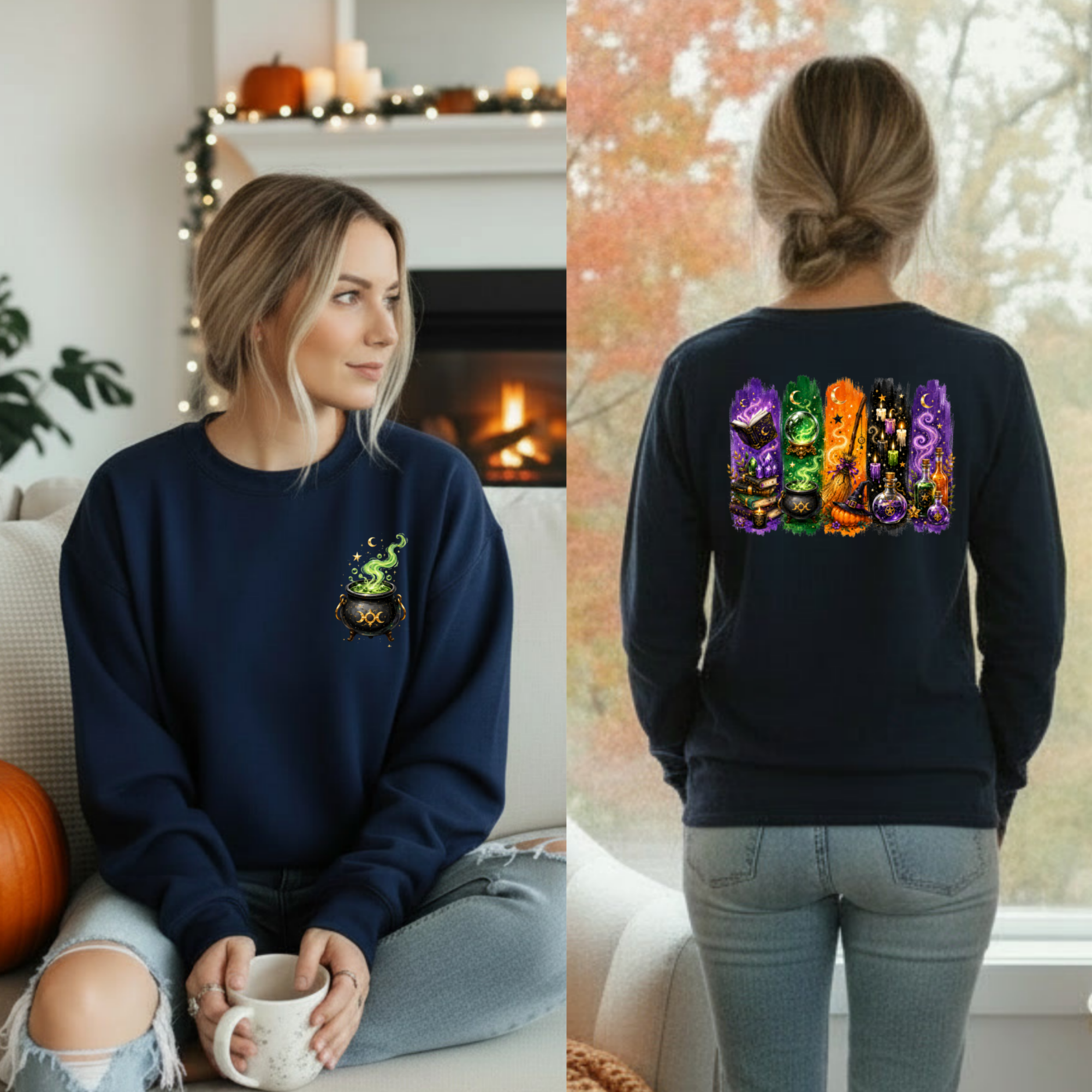 Autumn Alchemy Long Sleeve Tee – Witchy Halloween Graphic Shirt with Pocket & Back Design