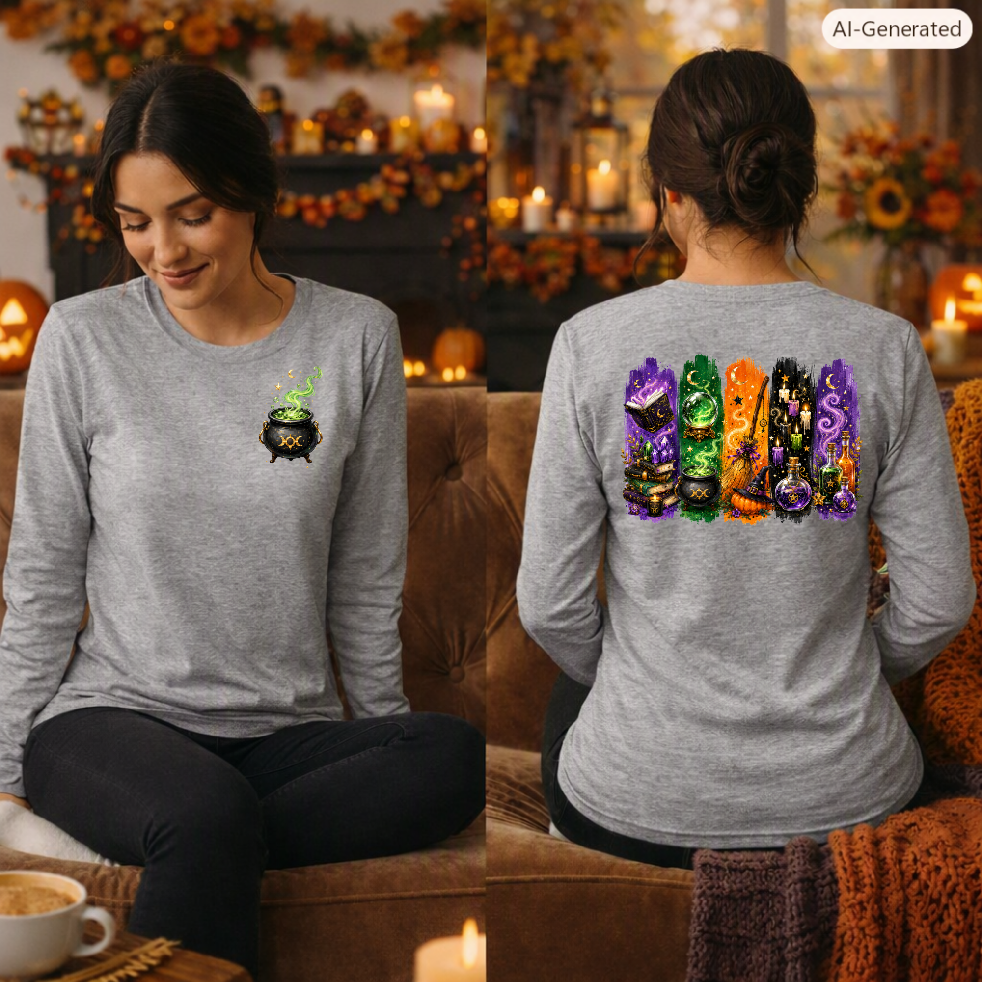 Autumn Alchemy Long Sleeve Tee – Witchy Halloween Graphic Shirt with Pocket & Back Design