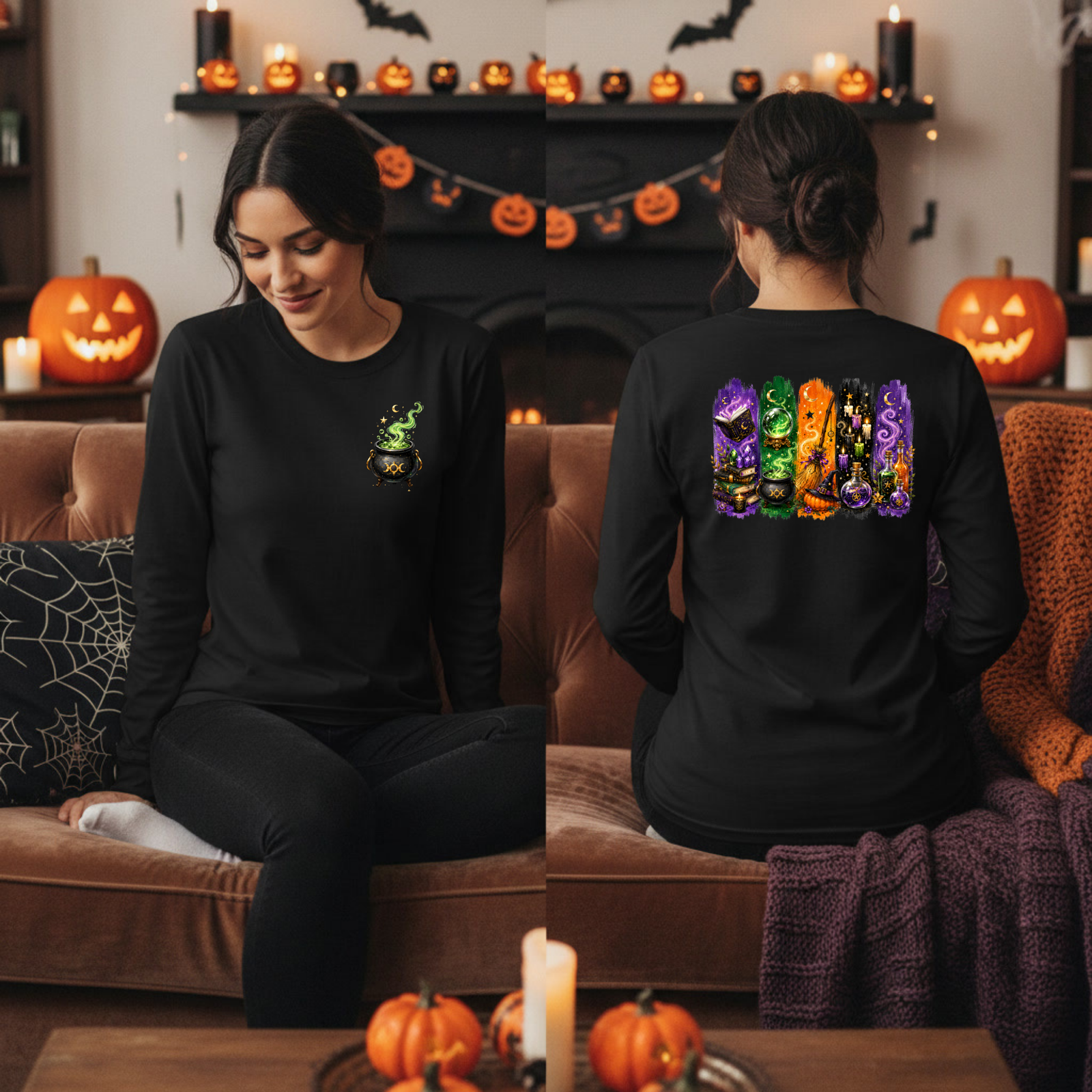Autumn Alchemy Long Sleeve Tee – Witchy Halloween Graphic Shirt with Pocket & Back Design TheCraftNook