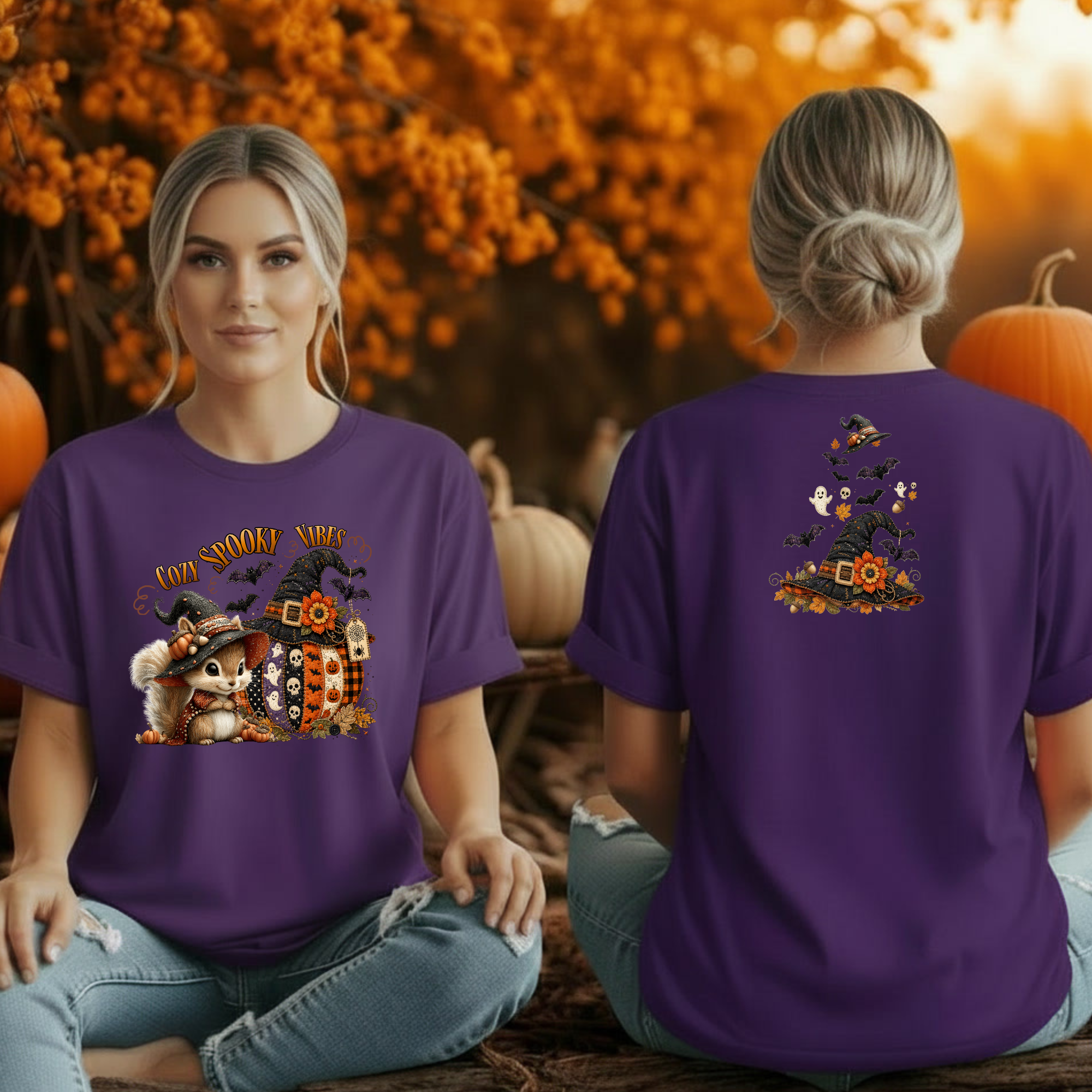 Cozy Spooky Vibes Halloween Tee – Front & Back Print