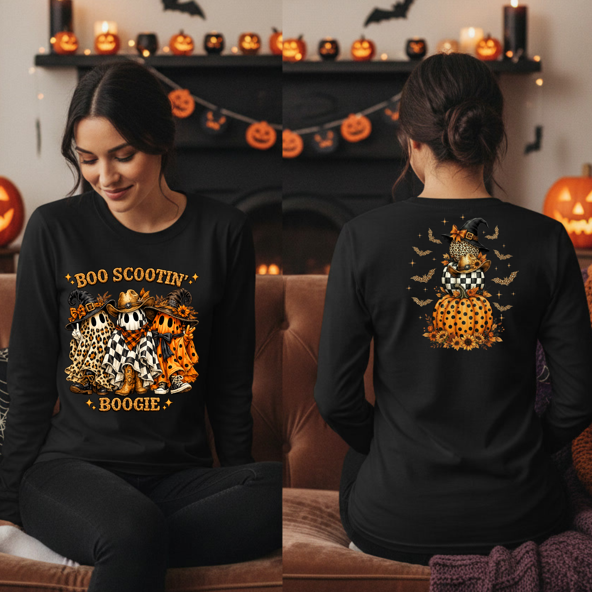 Boo Scootin' Long Sleeve Tee | Front & Back Halloween Graphic