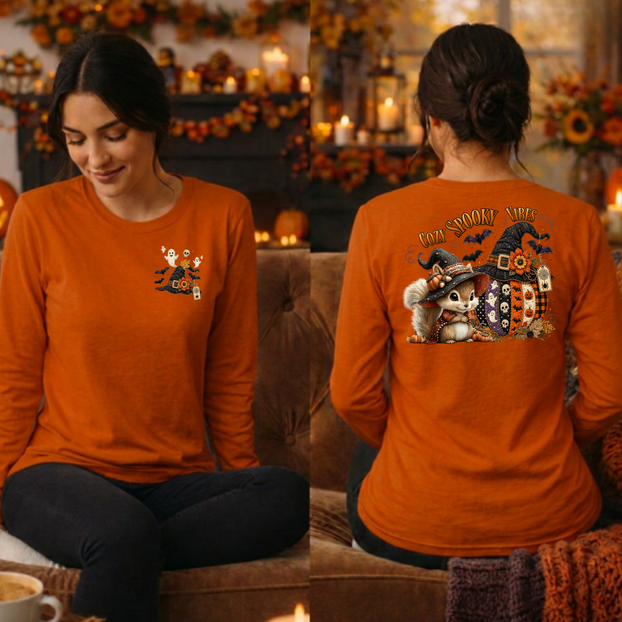 Cozy Spooky Vibes Halloween Long Sleeve Tee – Pocket & Back Print