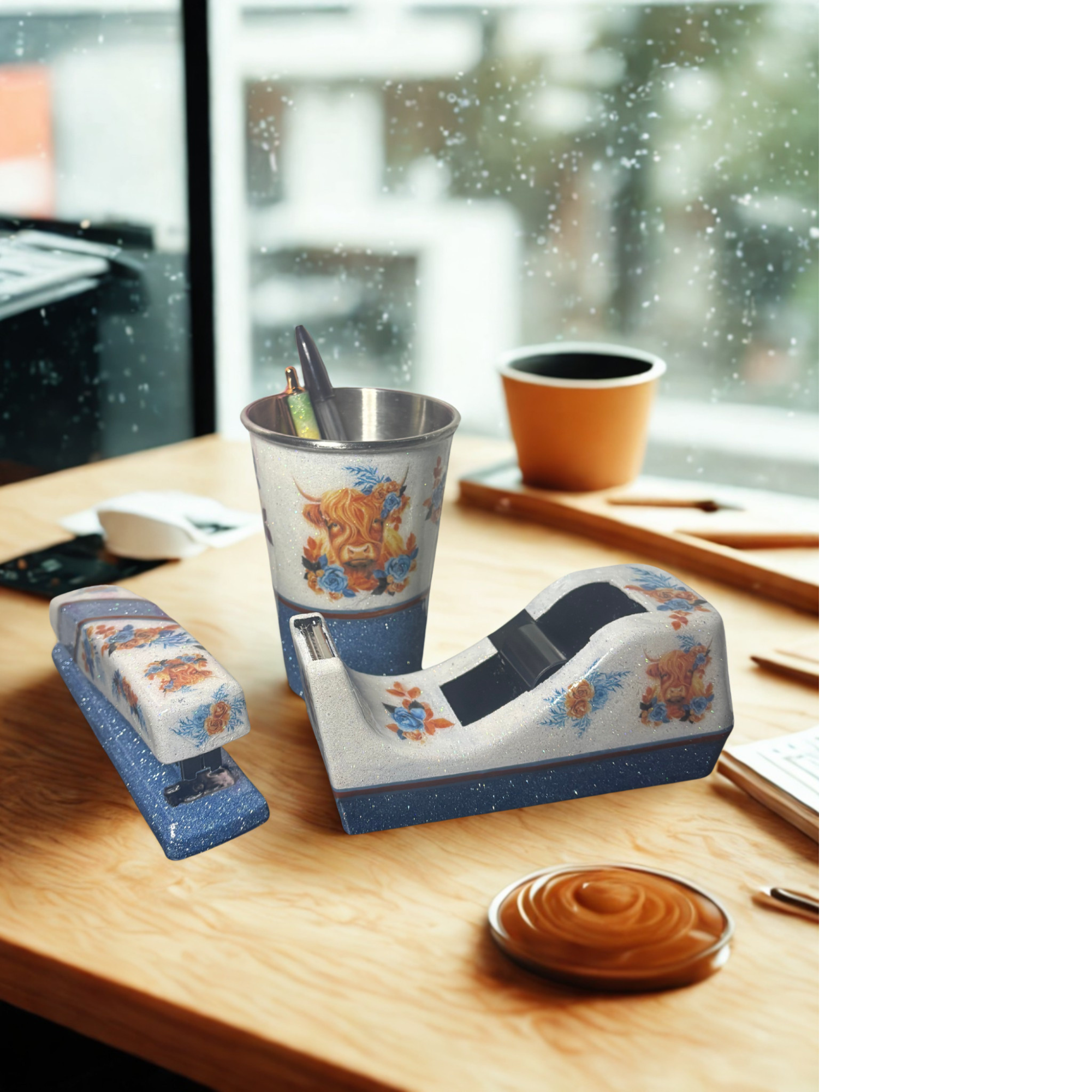 Highland Cow Blue and Copper Glitter Desk Set