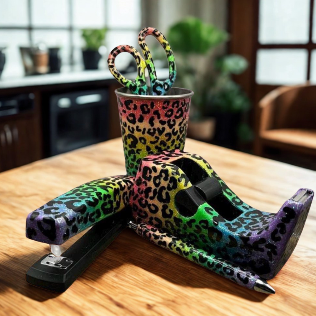 Rainbow Cheetah print Glitter Desk Accessories TheCraftNook
