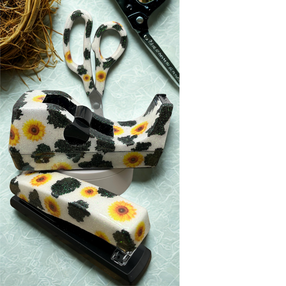 Glitter Cow print and Sunflower Desk Sets TheCraftNook