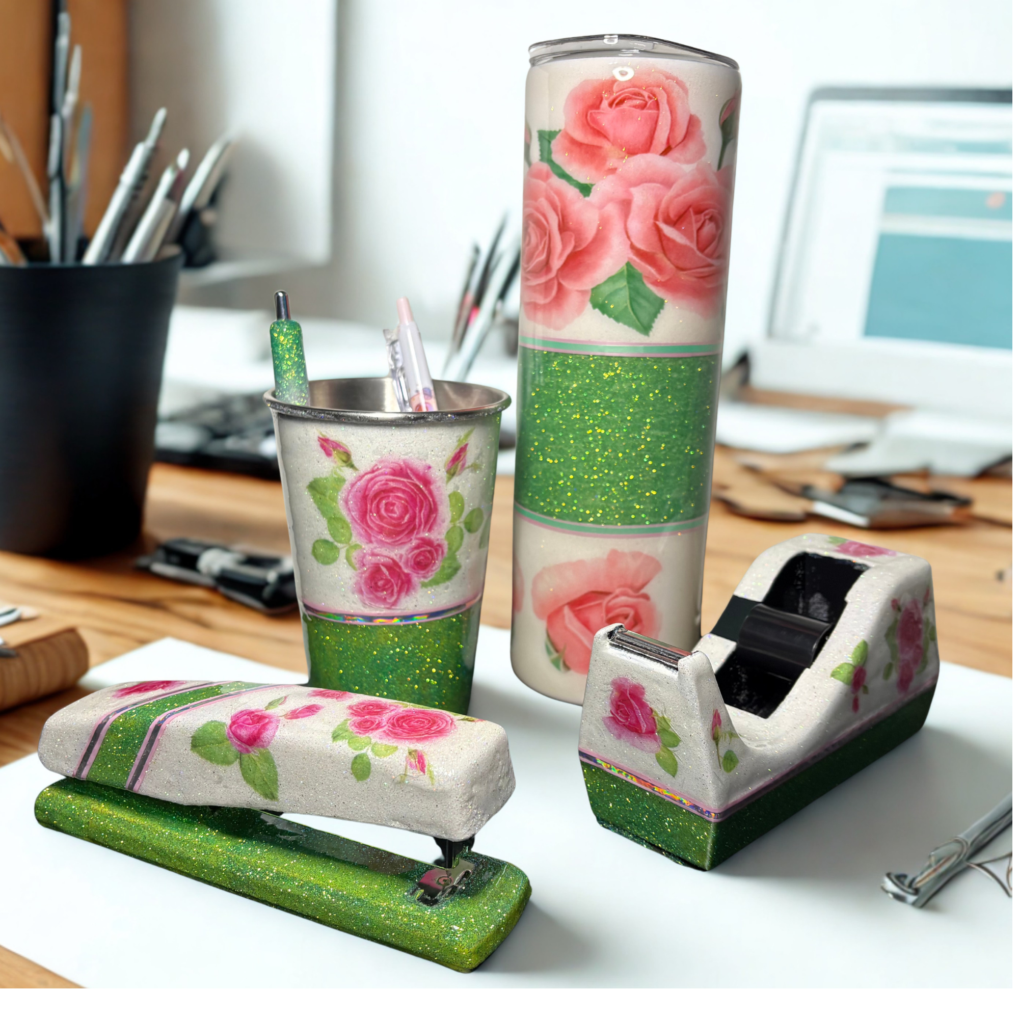 Pink Rose Glitter Desk Set
