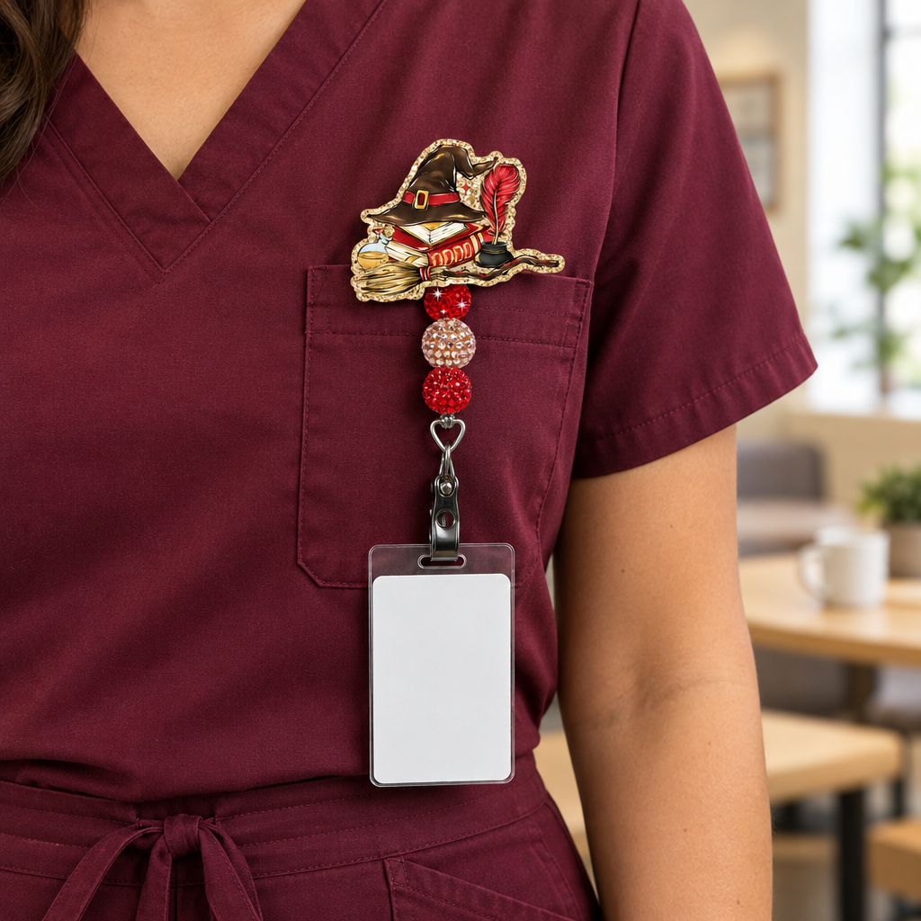 Badge pull lifestyle image on burgundy scrubs