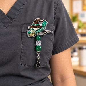Badge pull lifestyle image on charcoal medical scrubs