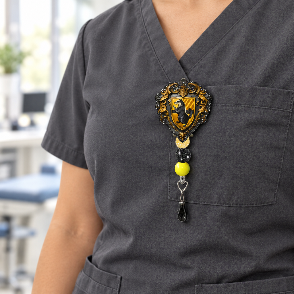 Badge pull lifestyle image on charcoal scrubs