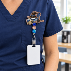 Badge pull lifestyle image on navy medical scrubs