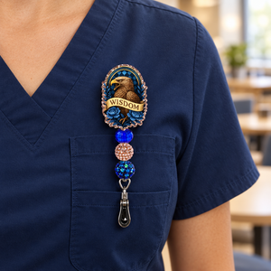 Badge pull lifestyle image on navy scrubs