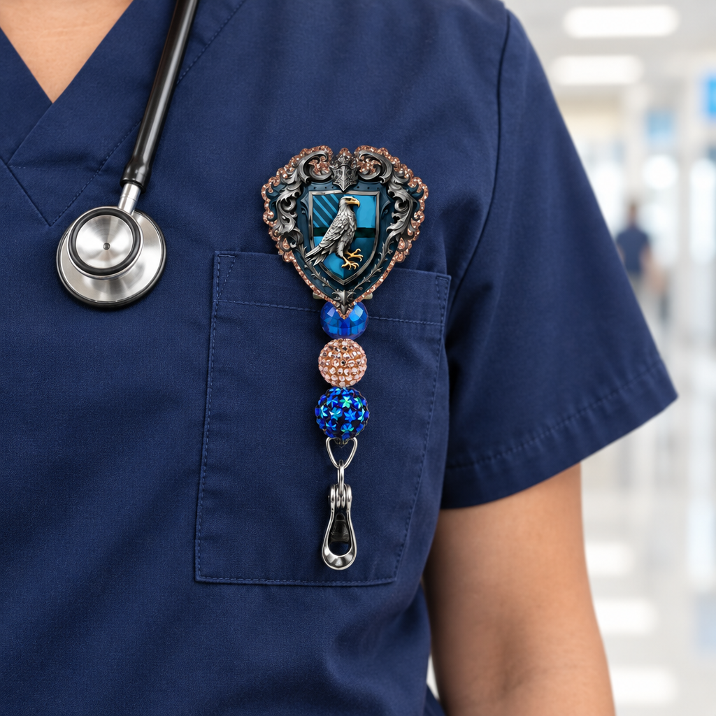 Badge pull lifestyle image on navy scrubs