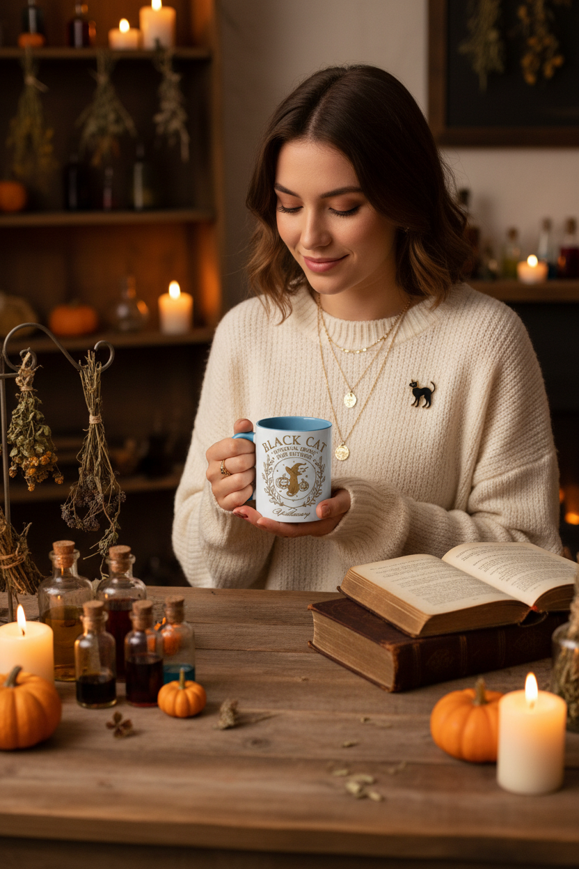 Black Cat Apothecary Mug Lifestyle
