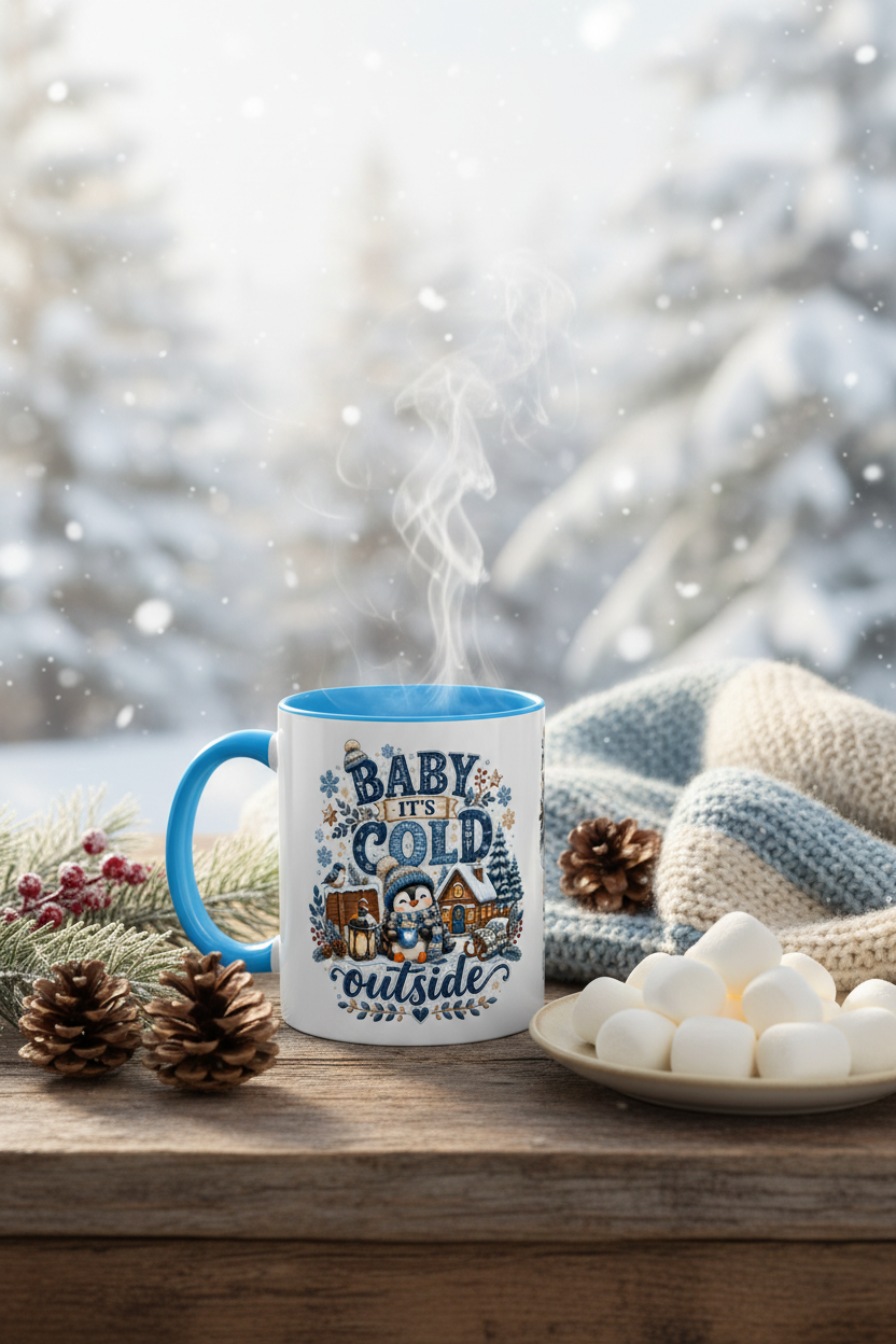 Cold Outside mug styled on a rustic table