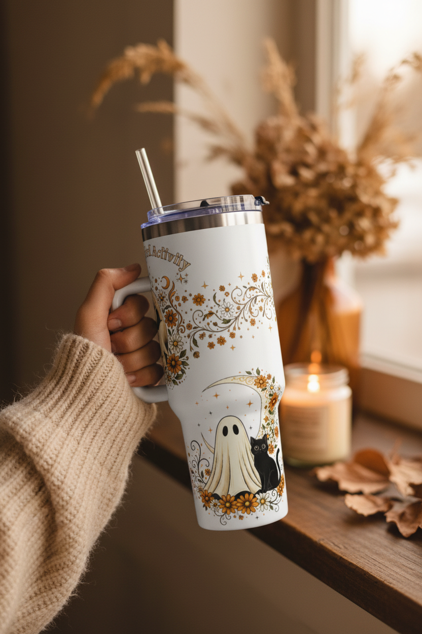 Ghost Cat in Bloom Tumbler Lifestyle