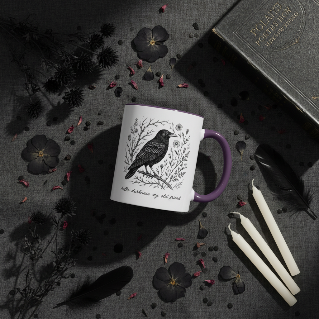 Hello Darkness Crow Mug Flat Lay