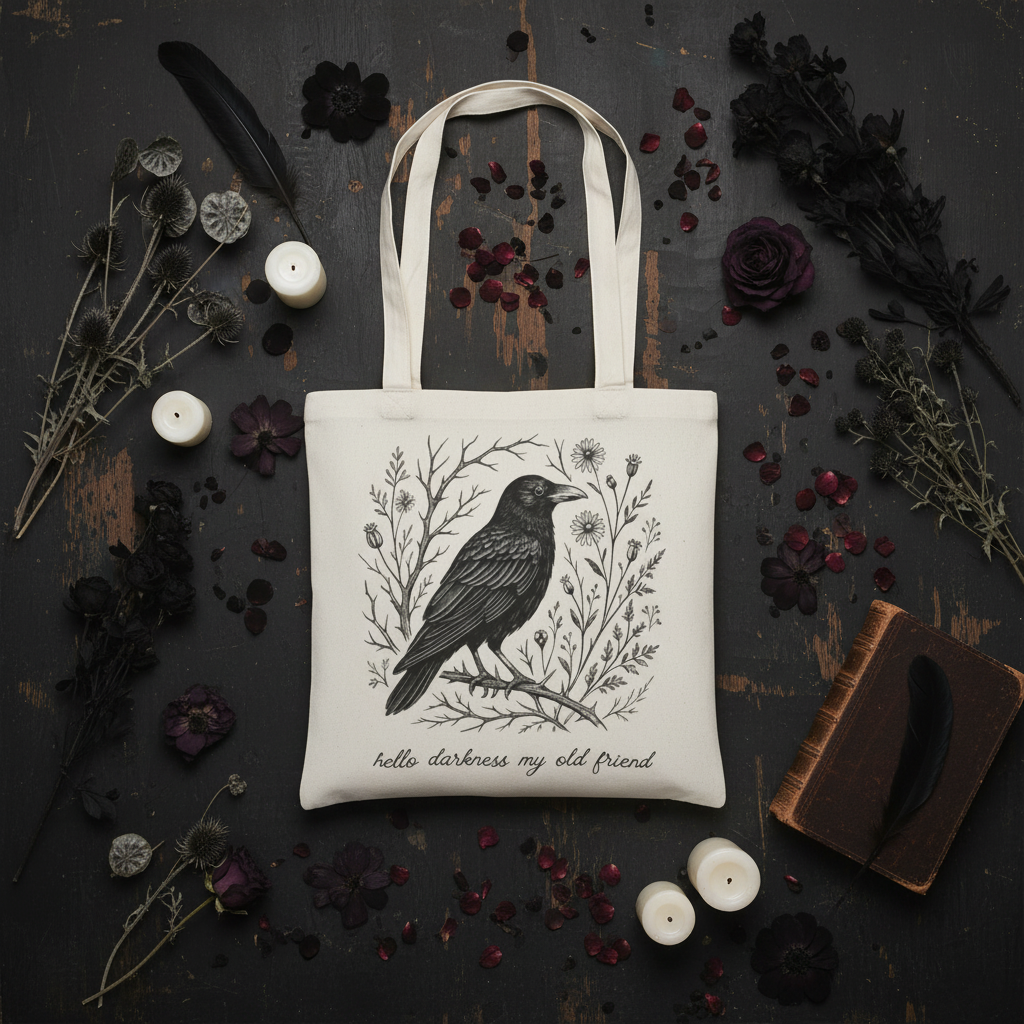 Hello Darkness Crow Tote Flat Lay