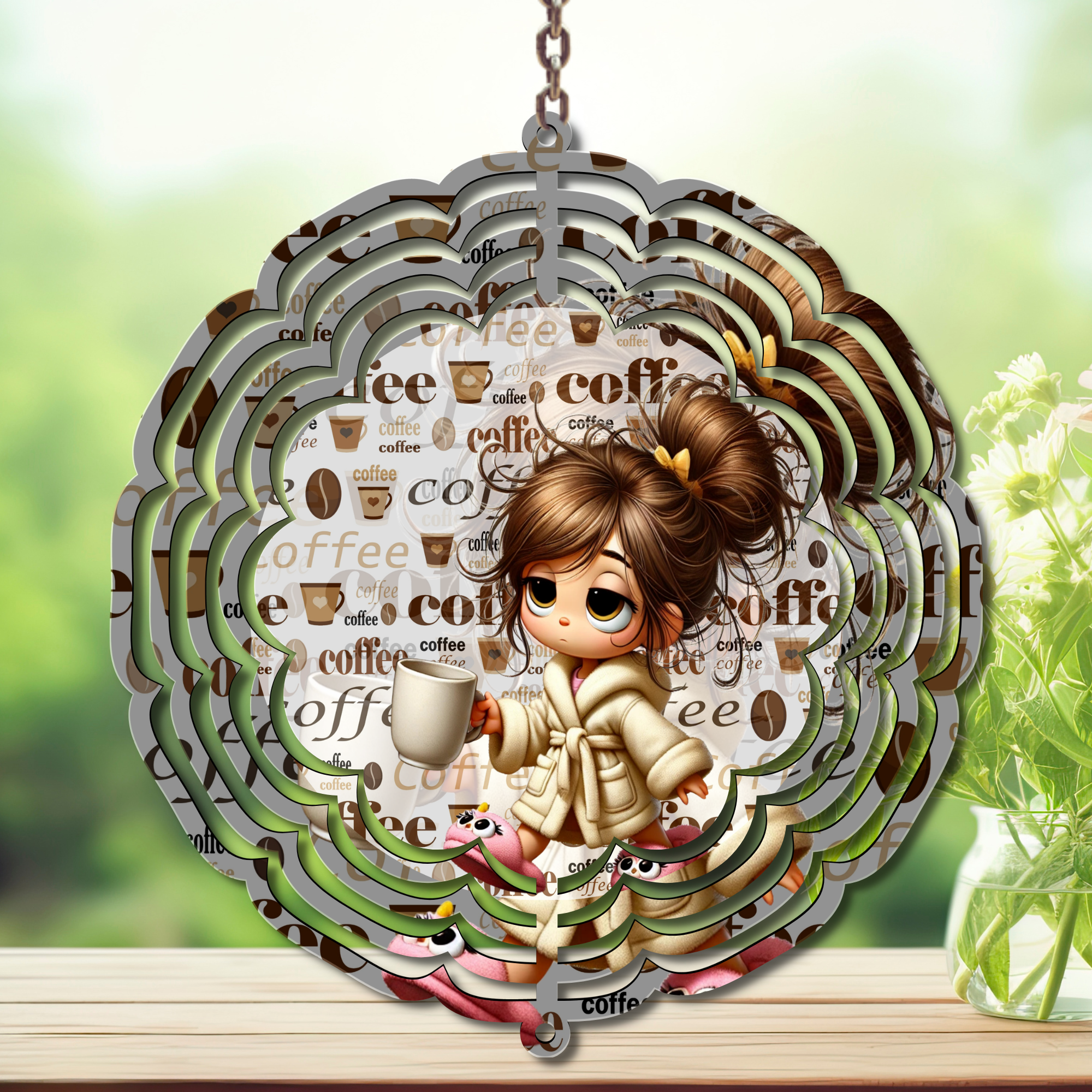 Charming coffee wind spinner decoration featuring a cute character holding a mug, perfect for adding café vibes.