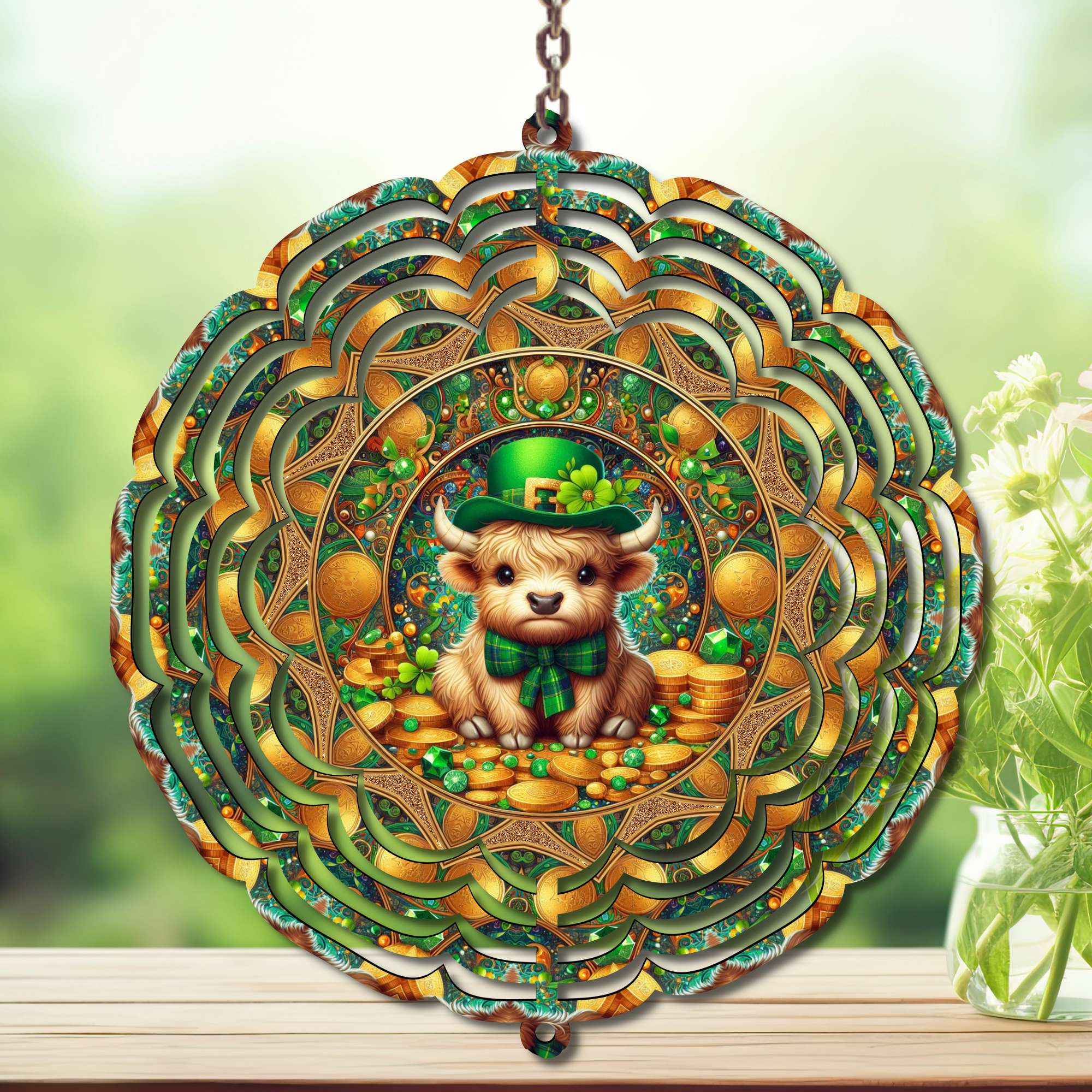 St. Patrick's Day wind spinner featuring a cute calf with a green hat and gold coins, ideal for festive decor.