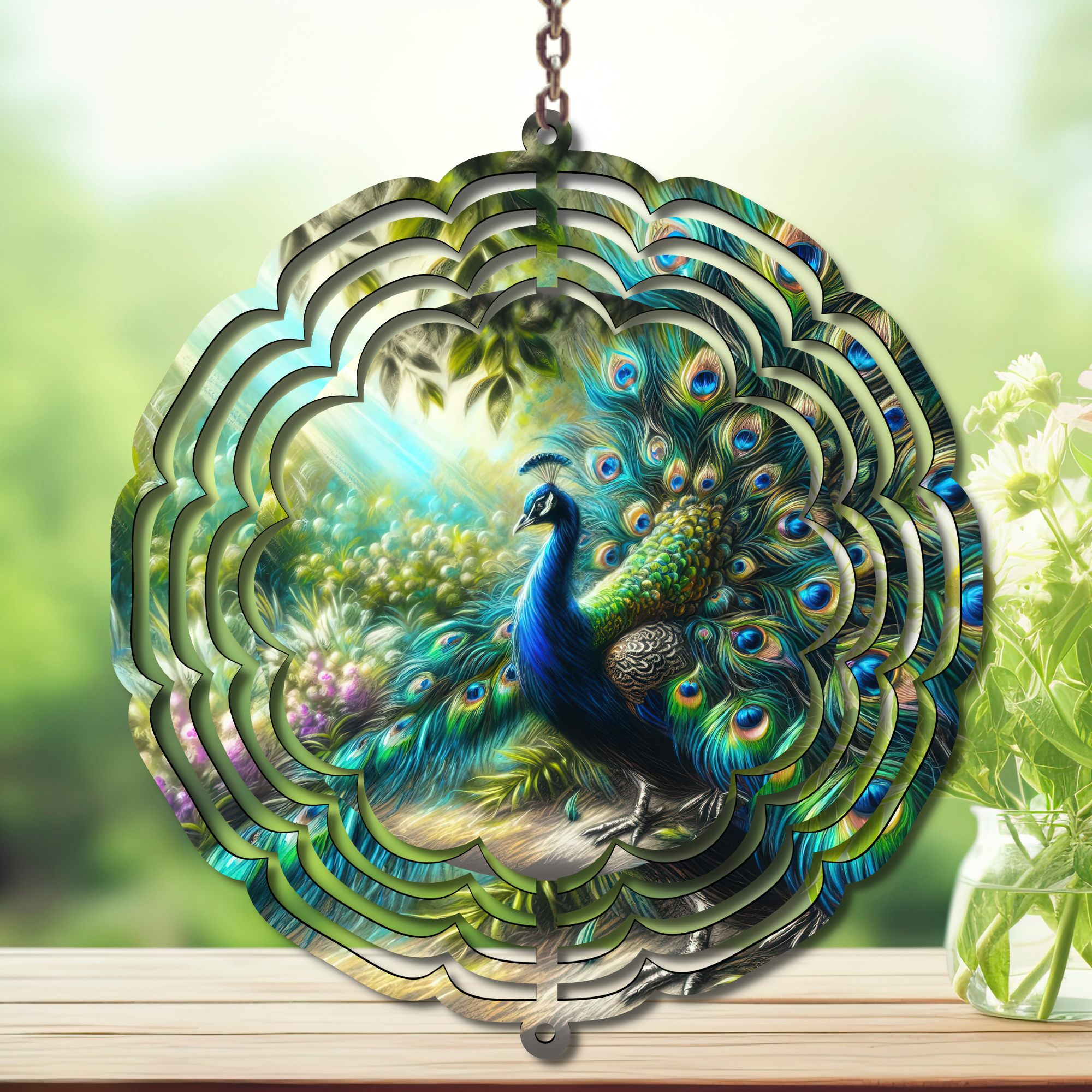 Peacock metal wind spinner showcasing vibrant peacock design with jewel-tone colors, perfect for gardens and outdoor decor.