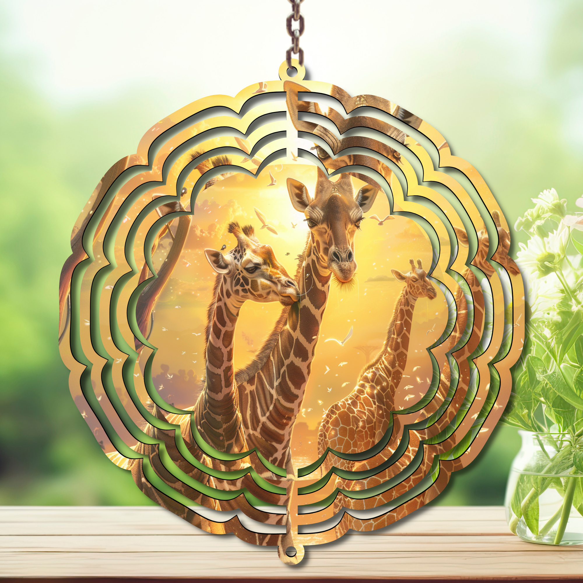 Giraffe Aluminum Metal Wind Spinner showcasing tall, playful giraffe design, perfect for yard decor.