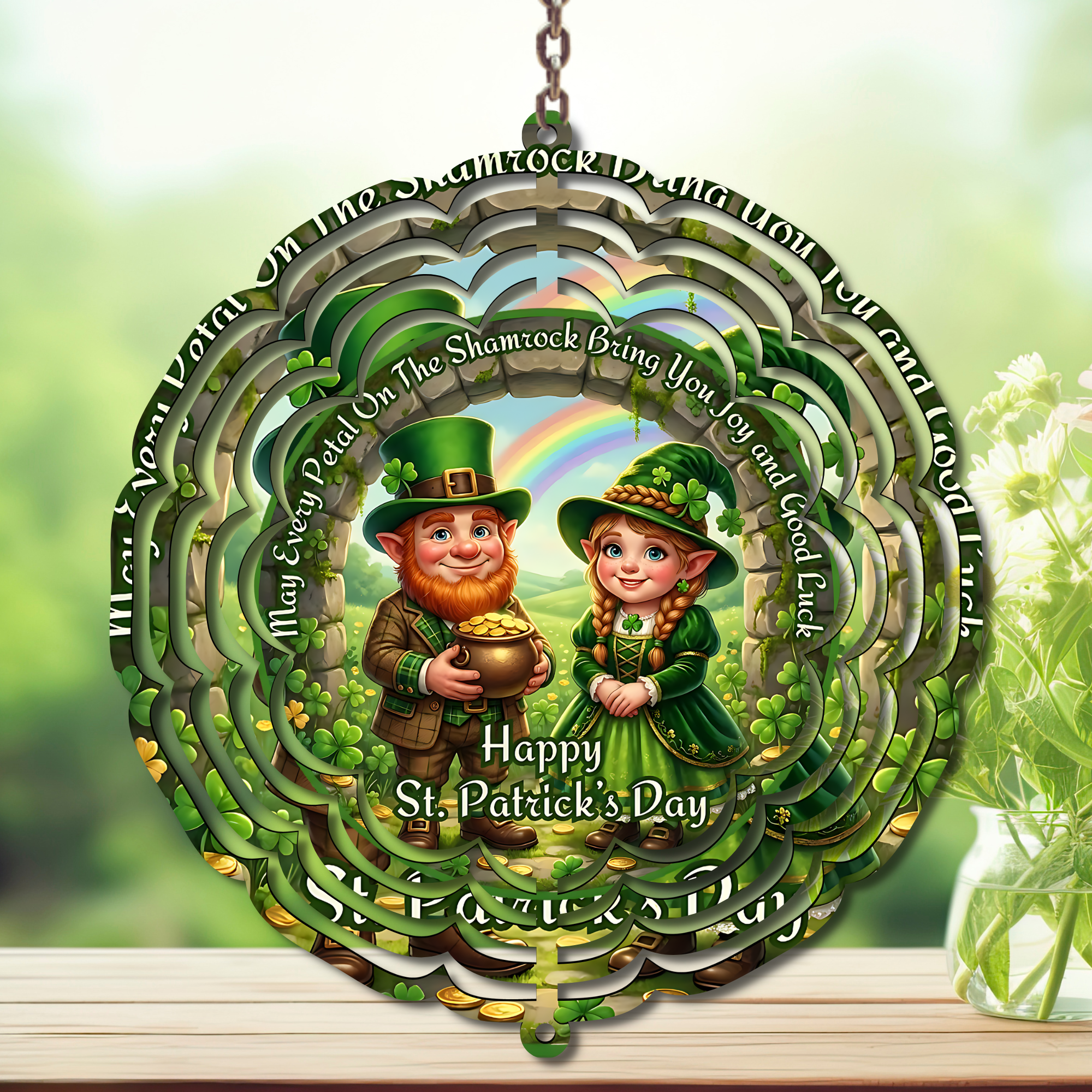 St. Patrick's Day wind spinner featuring a leprechaun and girl with a pot of gold, bright green colors and rainbow design.