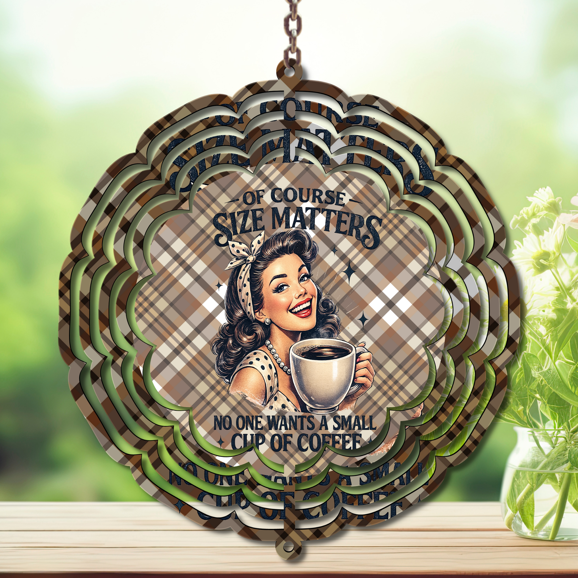 Coffee wind spinner decoration featuring a smiling woman holding a cup of coffee with cozy artwork.