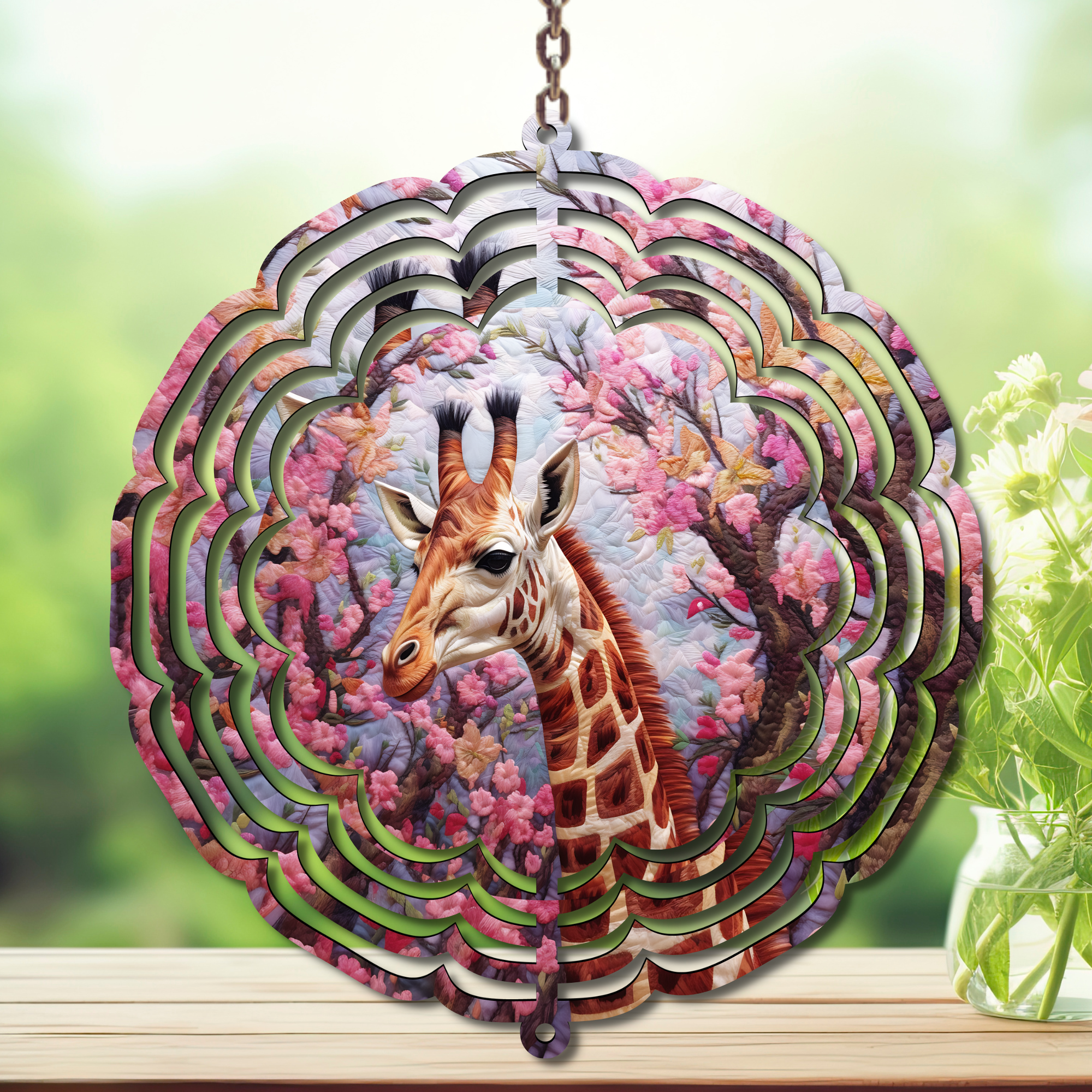 Giraffe Aluminum Metal Wind Spinner featuring whimsical art design amidst blooming flowers, perfect for yard decor.