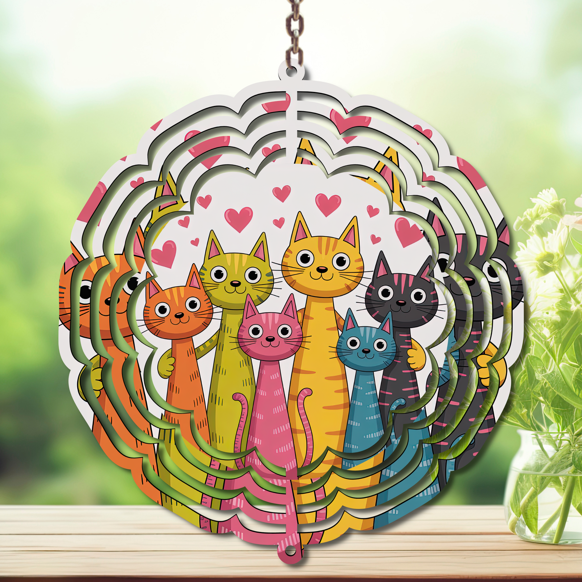 Colorful cat wind spinner garden décor featuring playful designs of happy cats with hearts.