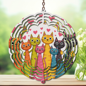 Colorful cat wind spinner garden décor featuring playful designs of happy cats with hearts.