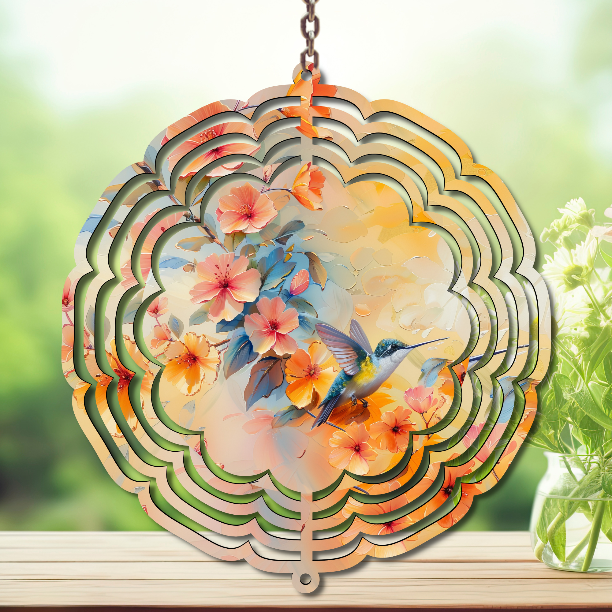 Hummingbird Aluminum Metal Wind Spinner yard art showcasing vibrant floral design and hummingbird in motion.
