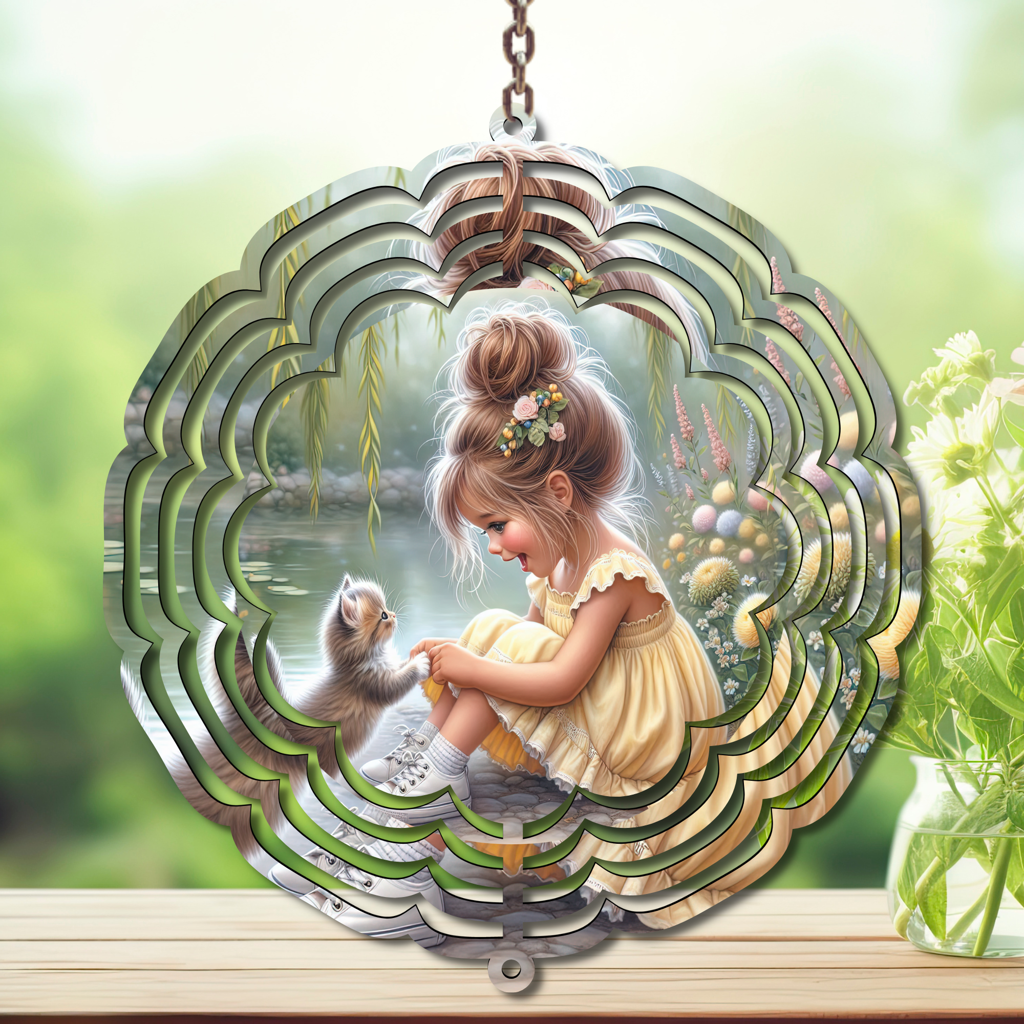 Cat wind spinner garden décor with a whimsical design featuring a girl playing with a kitten by a serene pond.