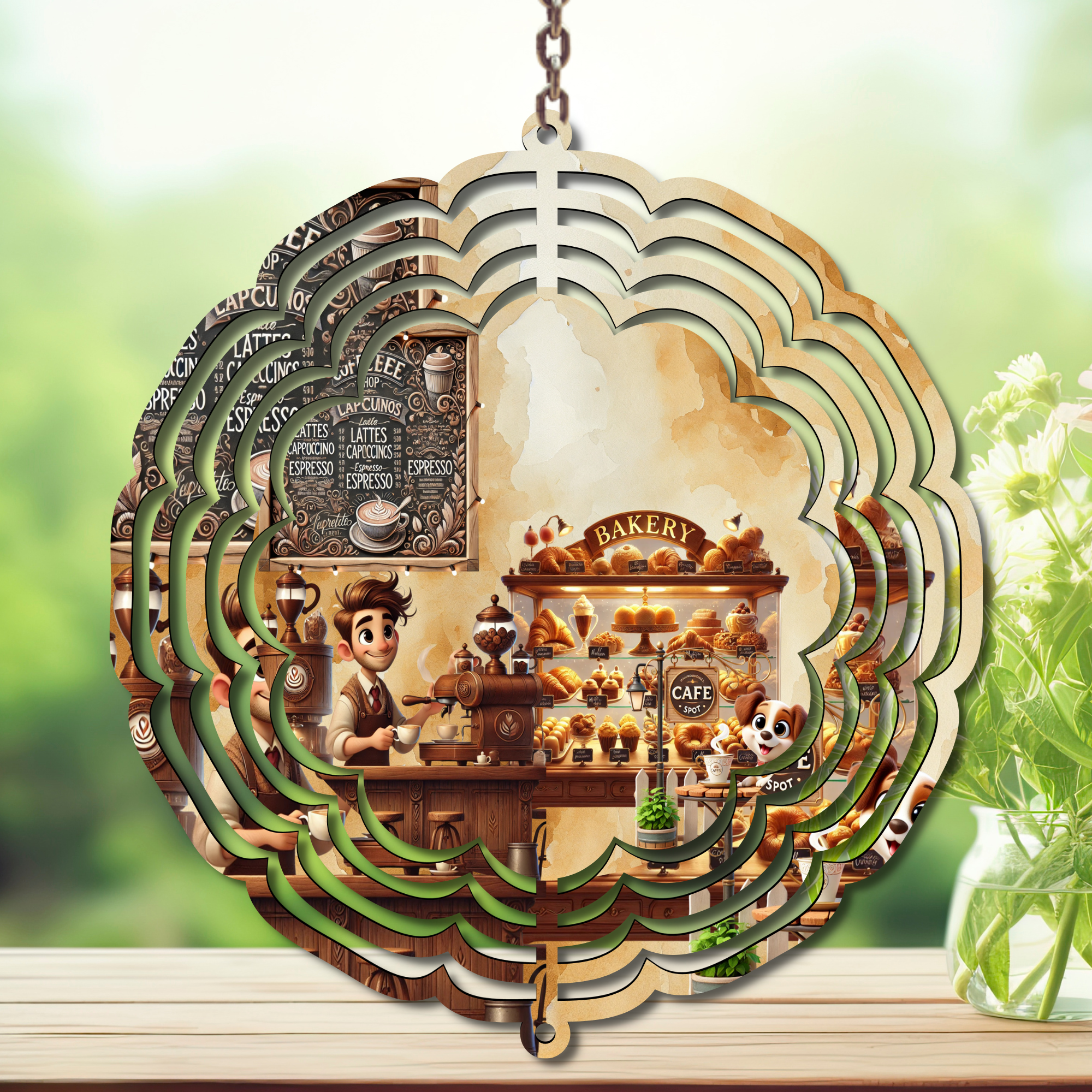 Coffee wind spinner decoration featuring a cozy café scene with a barista and pastries.
