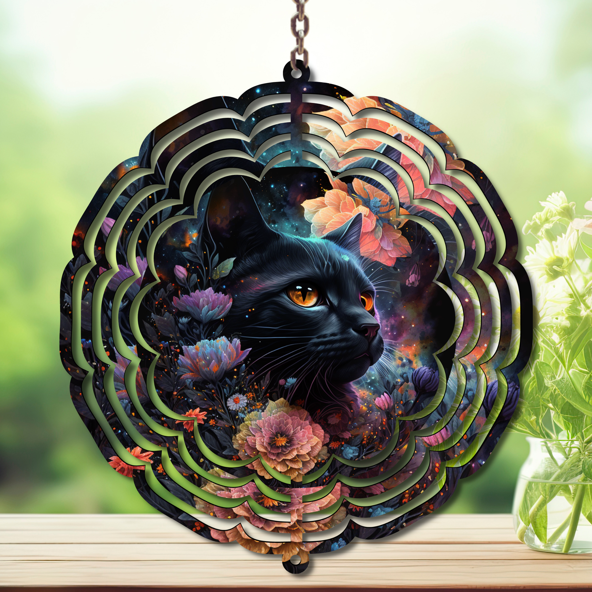Cat wind spinner garden décor featuring a black cat and colorful floral designs, perfect for outdoor charm.