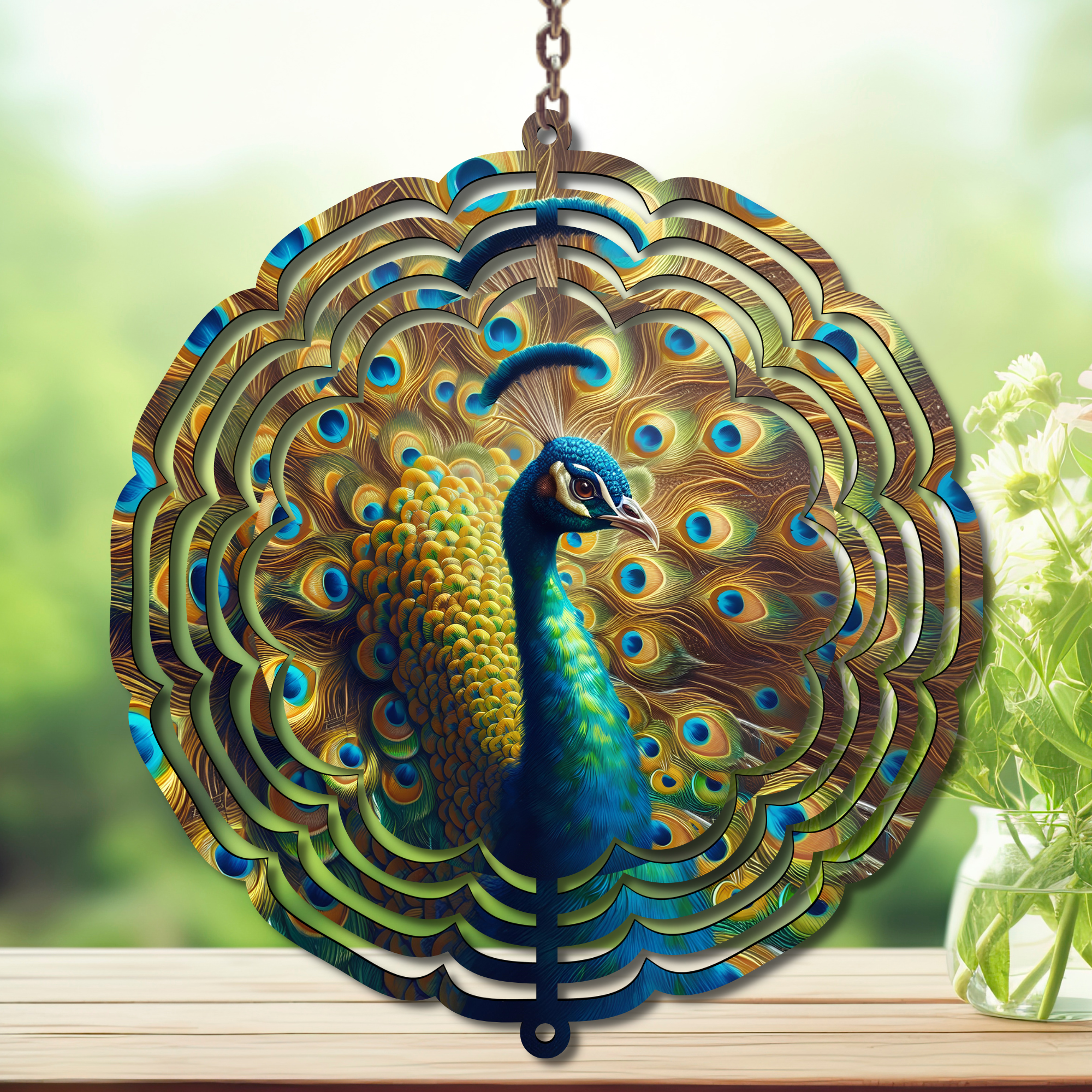 Peacock metal wind spinner featuring a colorful peacock design, perfect for outdoor decoration.