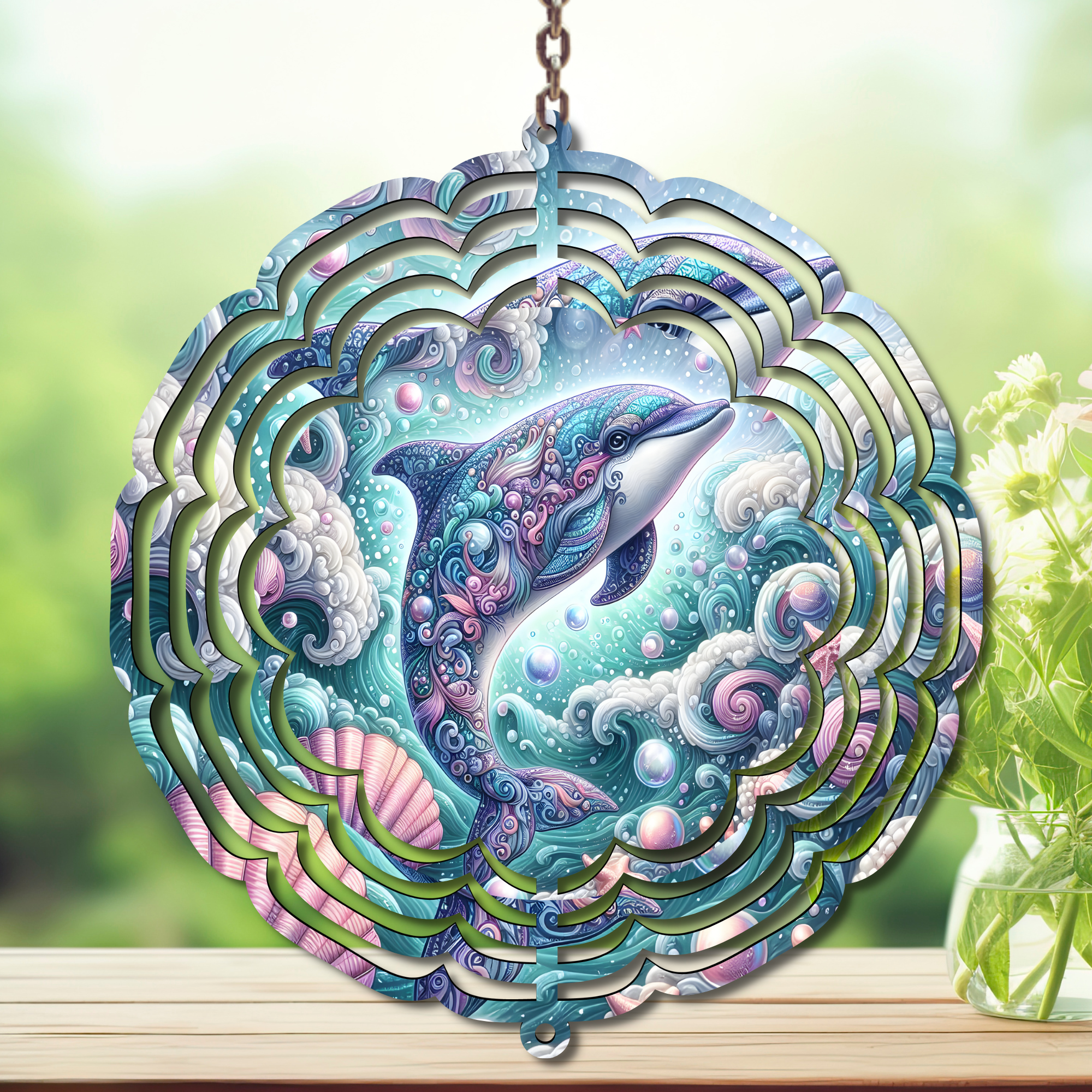 Colorful dolphin aluminum wind spinner with intricate ocean-themed design, perfect for adding fun to your outdoor space.