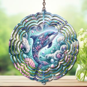 Colorful dolphin aluminum wind spinner with intricate ocean-themed design, perfect for adding fun to your outdoor space.