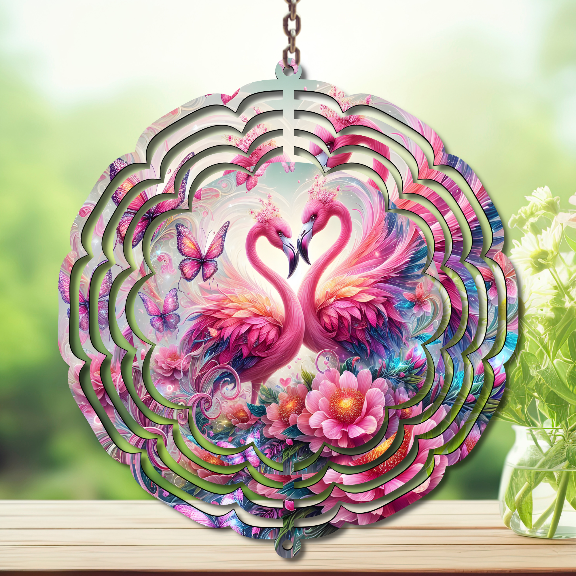 Flamingo Daydream Aluminum Metal Wind Spinner featuring vibrant flamingos and flowers, perfect for garden decor.