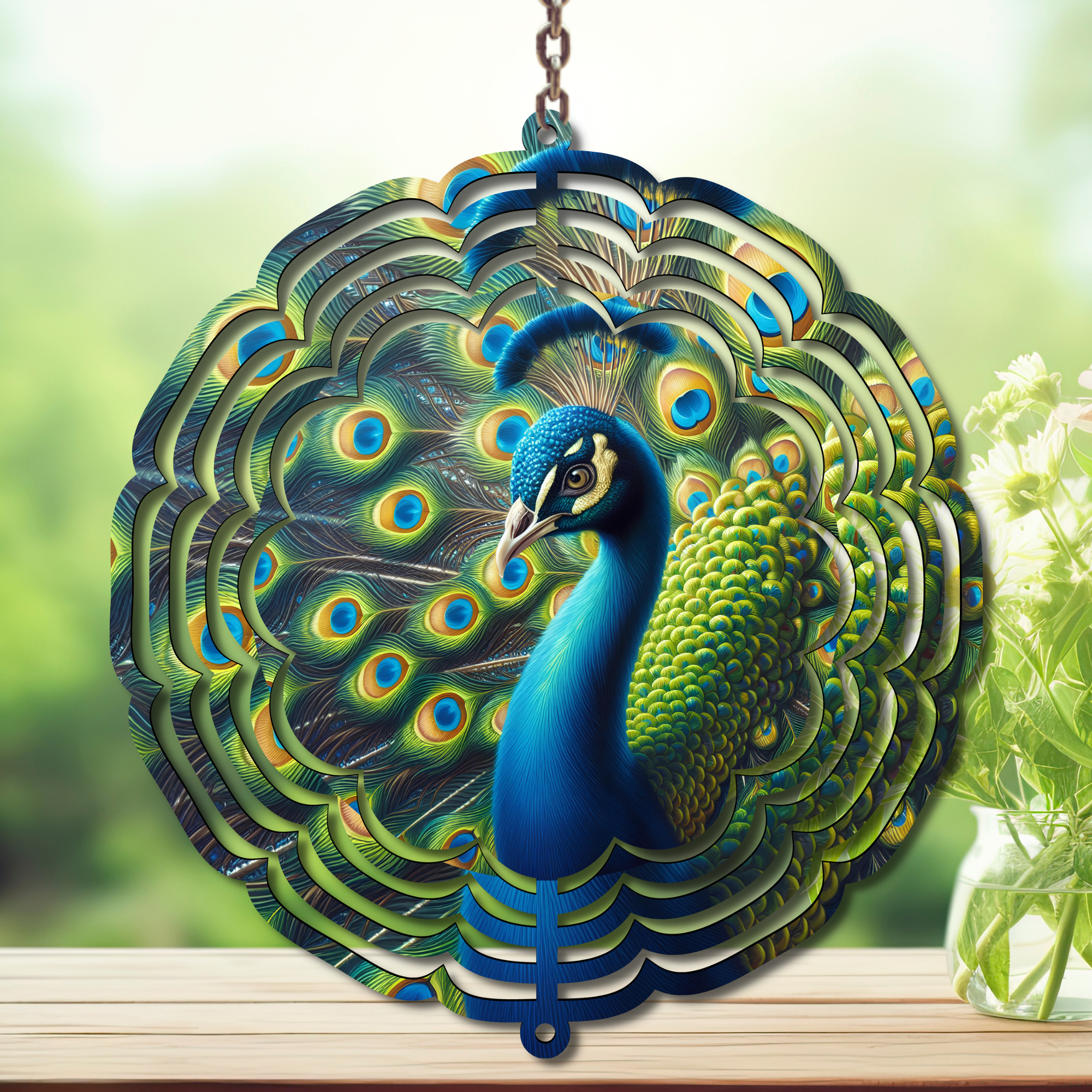 Peacock metal wind spinner with vibrant colors and intricate design, perfect for outdoor decor and capturing the breeze.