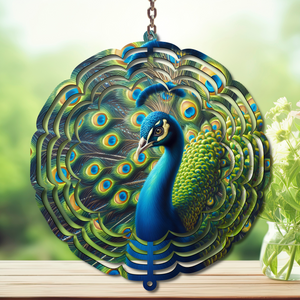 Peacock metal wind spinner with vibrant colors and intricate design, perfect for outdoor decor and capturing the breeze.