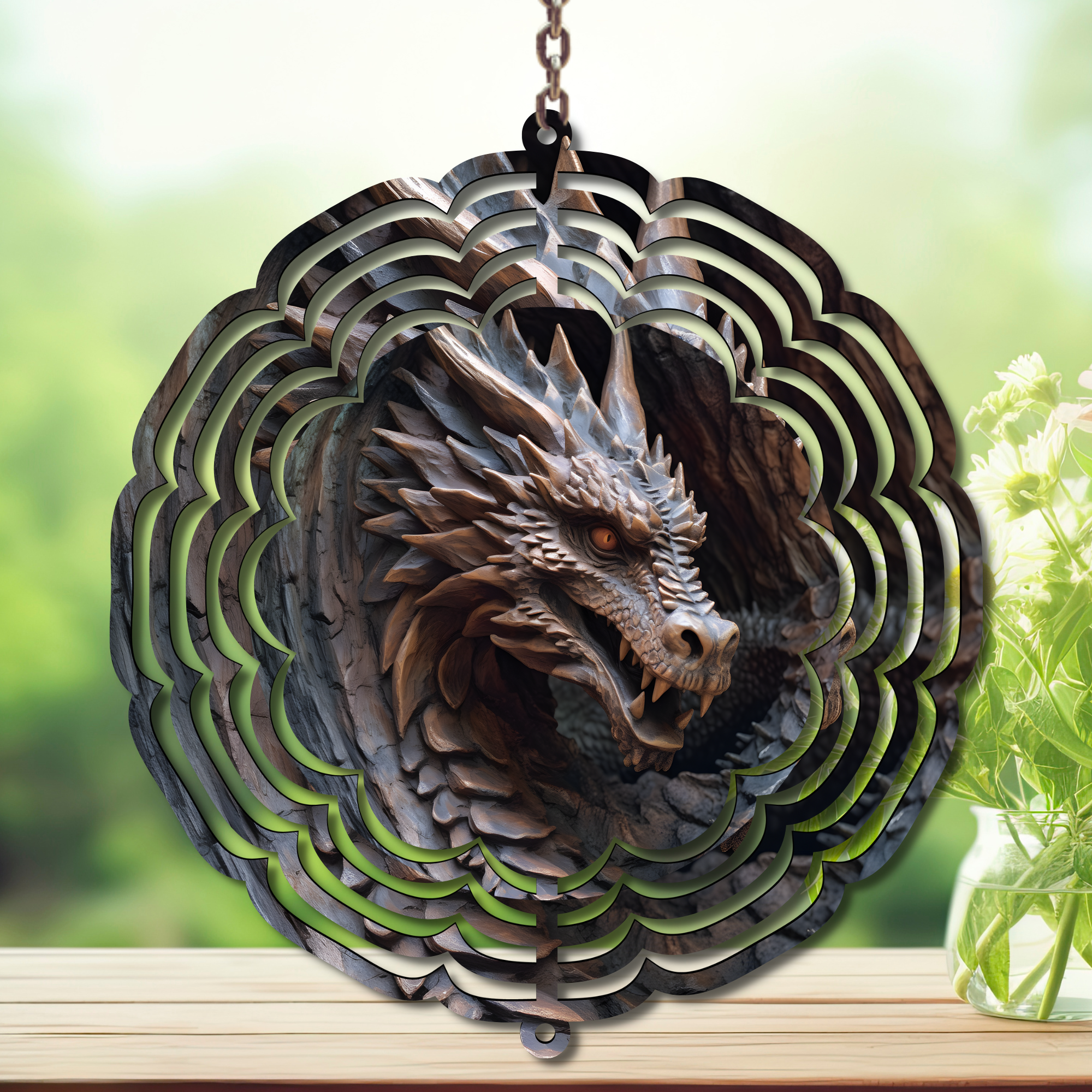 Dragon aluminum wind spinner with intricate design showcasing a fierce dragon head, perfect for garden decor.