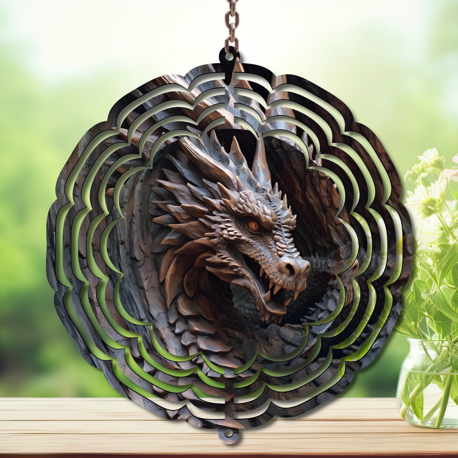 Dragon aluminum wind spinner with intricate design showcasing a fierce dragon head, perfect for garden decor.