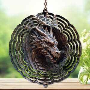 Dragon aluminum wind spinner with intricate design showcasing a fierce dragon head, perfect for garden decor.