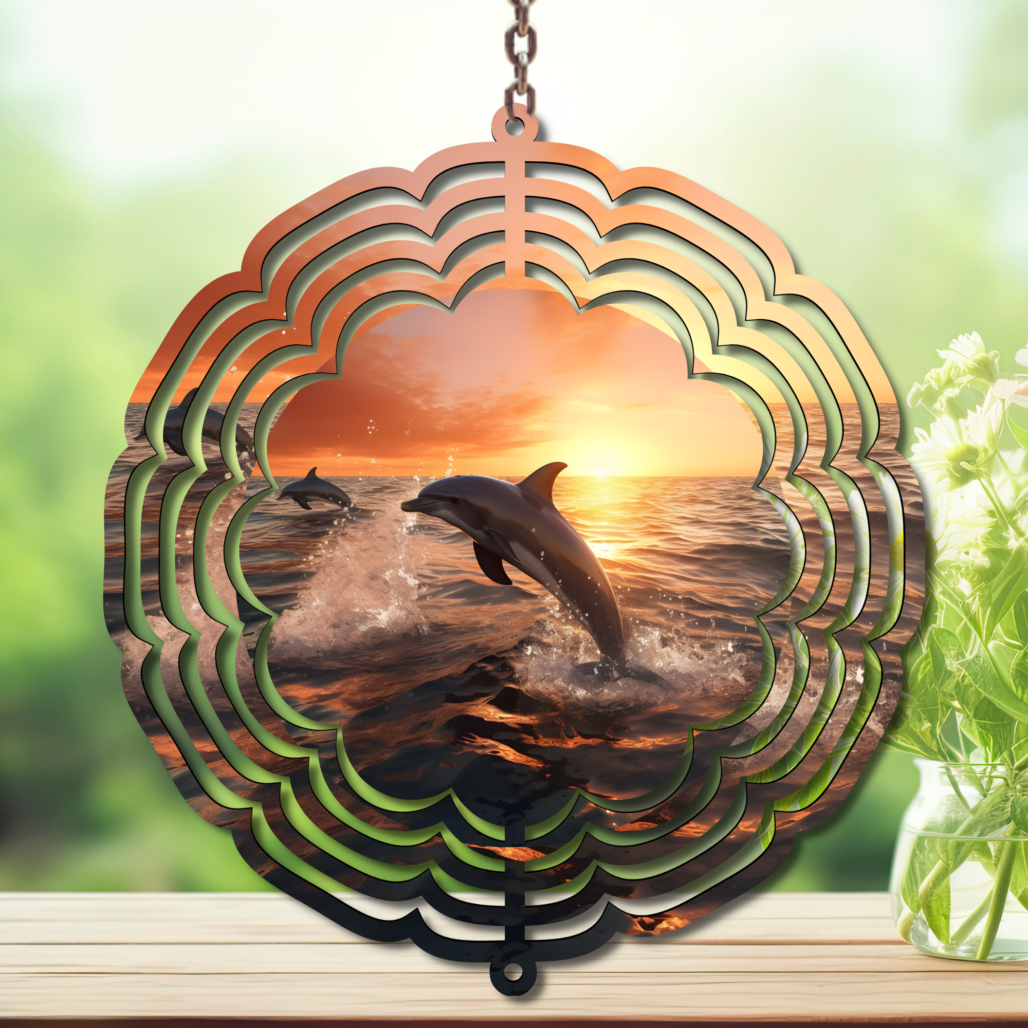 Dolphin aluminum wind spinner showcasing playful dolphins against a sunset, adding coastal charm to your outdoor decor.