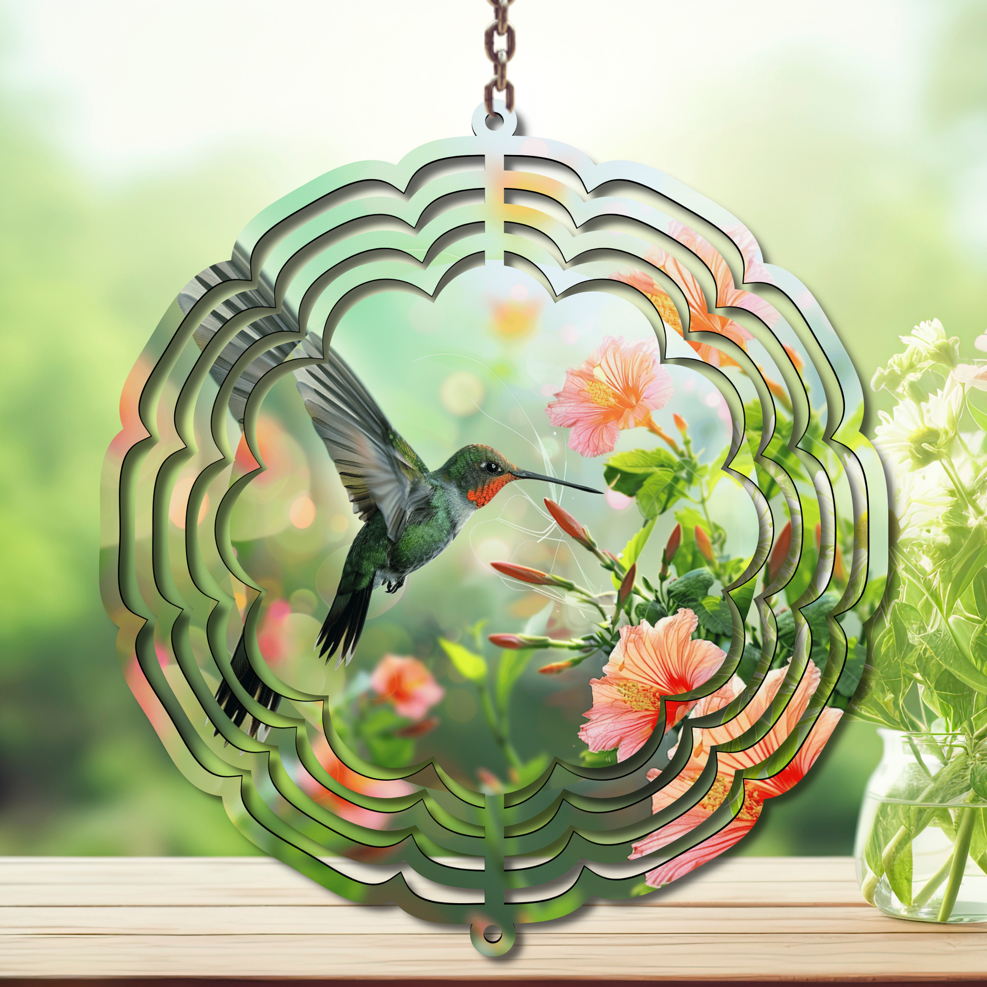 Hummingbird aluminum metal wind spinner yard art showcasing vibrant hummingbird and floral design, perfect for garden decor.