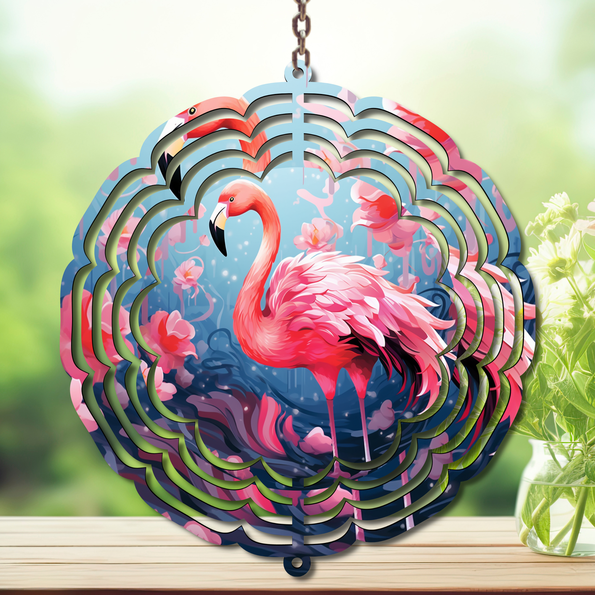 Flamingo wind spinner with vibrant pink flamingo design and colorful floral details, perfect for outdoor decor