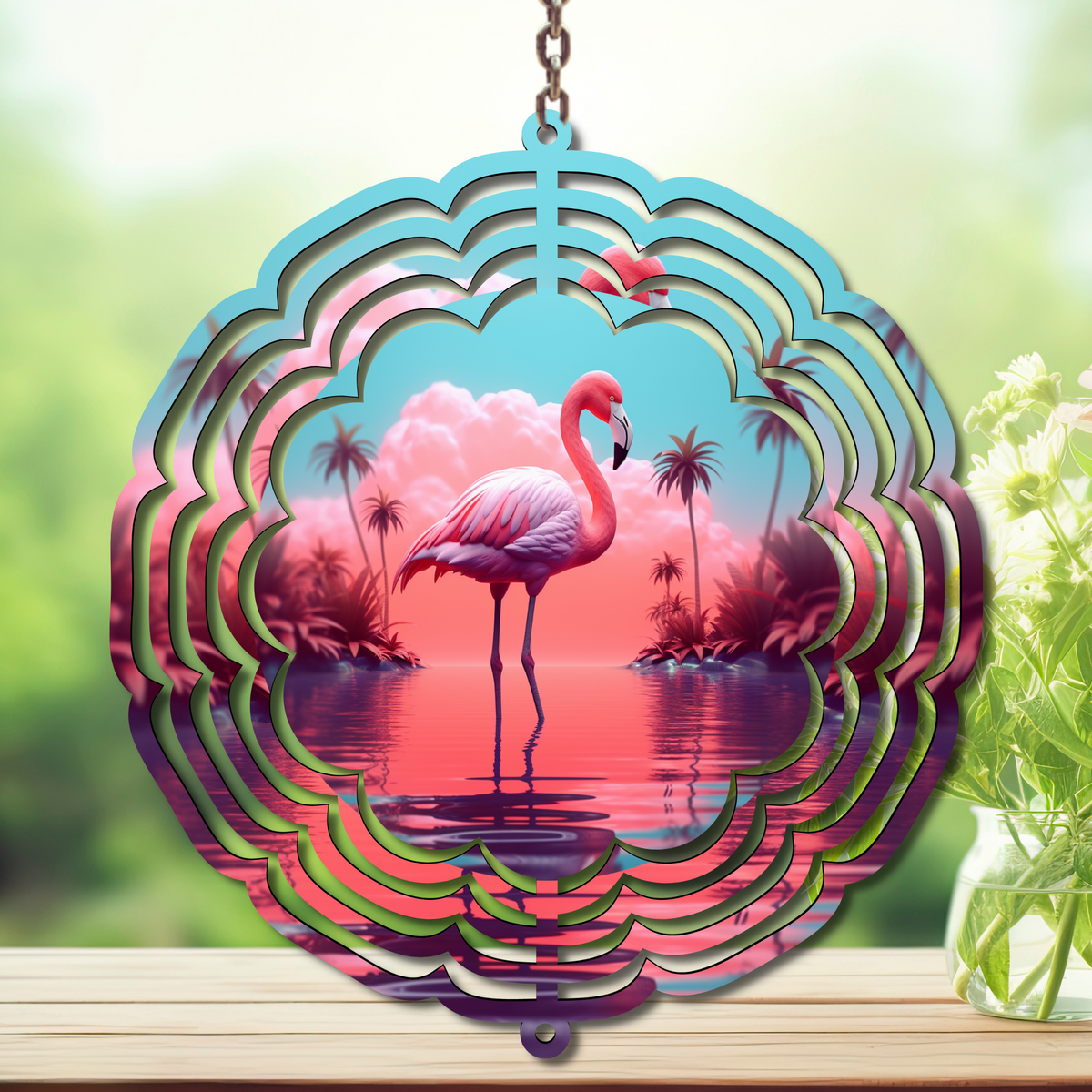 Flamingo Daydream Aluminum Metal Wind Spinner, multiple images available. TheCraftNook